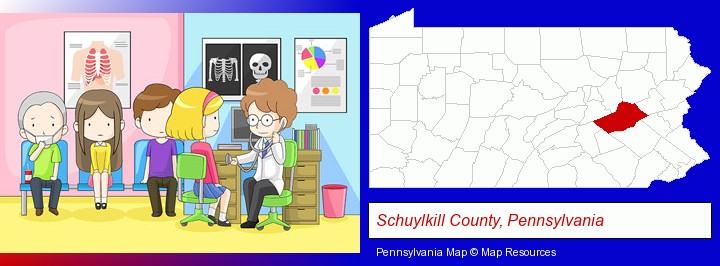 a clinic, showing a doctor and four patients; Schuylkill County, Pennsylvania highlighted in red on a map
