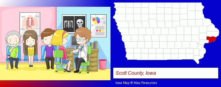 a clinic, showing a doctor and four patients; Scott County, Iowa highlighted in red on a map