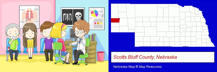 a clinic, showing a doctor and four patients; Scotts Bluff County, Nebraska highlighted in red on a map
