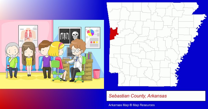 a clinic, showing a doctor and four patients; Sebastian County, Arkansas highlighted in red on a map