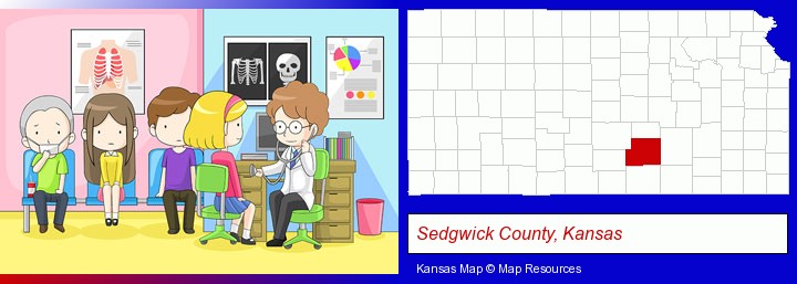 a clinic, showing a doctor and four patients; Sedgwick County, Kansas highlighted in red on a map