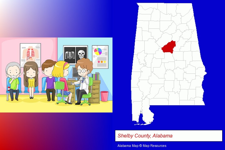 a clinic, showing a doctor and four patients; Shelby County, Alabama highlighted in red on a map