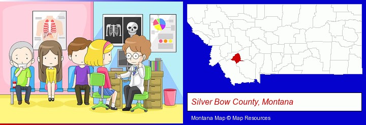 a clinic, showing a doctor and four patients; Silver Bow County, Montana highlighted in red on a map
