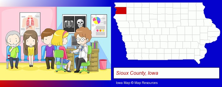 a clinic, showing a doctor and four patients; Sioux County, Iowa highlighted in red on a map