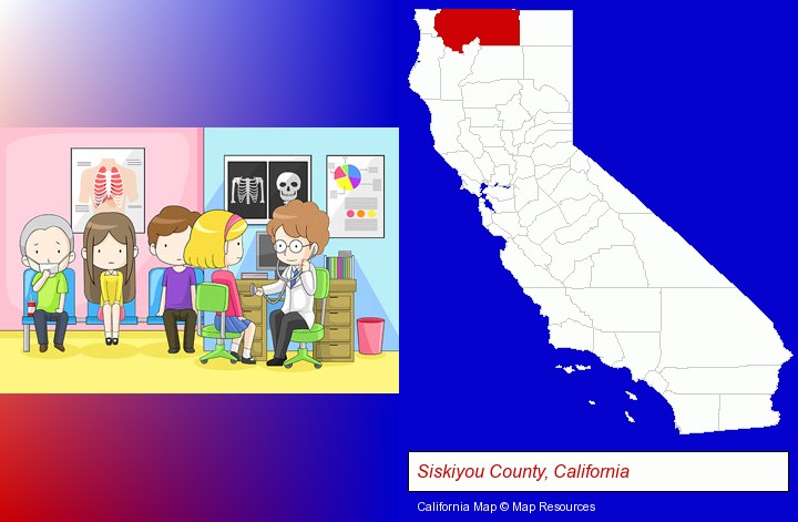 a clinic, showing a doctor and four patients; Siskiyou County, California highlighted in red on a map