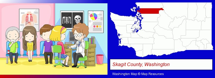 a clinic, showing a doctor and four patients; Skagit County, Washington highlighted in red on a map