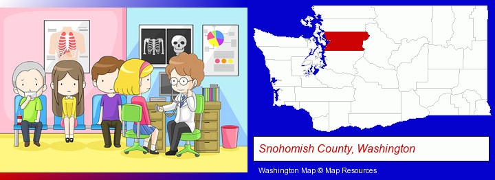 a clinic, showing a doctor and four patients; Snohomish County, Washington highlighted in red on a map