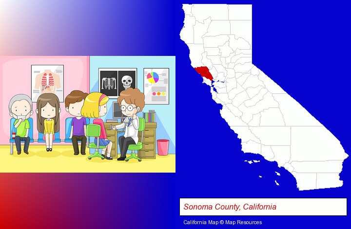 a clinic, showing a doctor and four patients; Sonoma County, California highlighted in red on a map