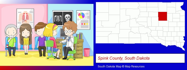 a clinic, showing a doctor and four patients; Spink County, South Dakota highlighted in red on a map