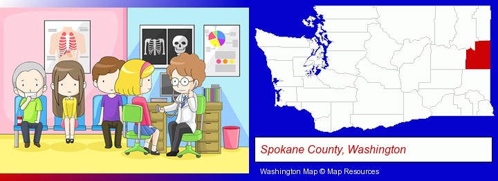 a clinic, showing a doctor and four patients; Spokane County, Washington highlighted in red on a map