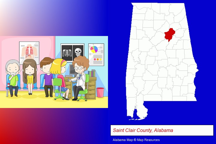 a clinic, showing a doctor and four patients; Saint Clair County, Alabama highlighted in red on a map