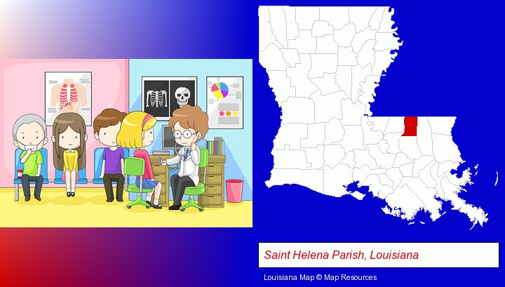 a clinic, showing a doctor and four patients; Saint Helena Parish, Louisiana highlighted in red on a map