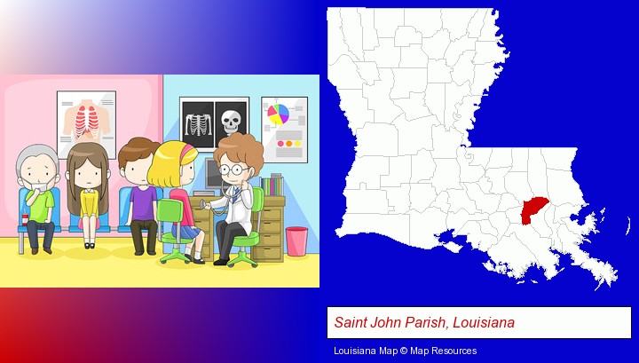 a clinic, showing a doctor and four patients; Saint John Parish, Louisiana highlighted in red on a map
