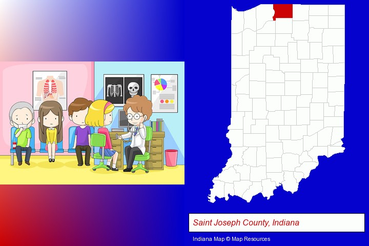 a clinic, showing a doctor and four patients; Saint Joseph County, Indiana highlighted in red on a map