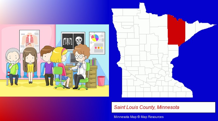 a clinic, showing a doctor and four patients; Saint Louis County, Minnesota highlighted in red on a map