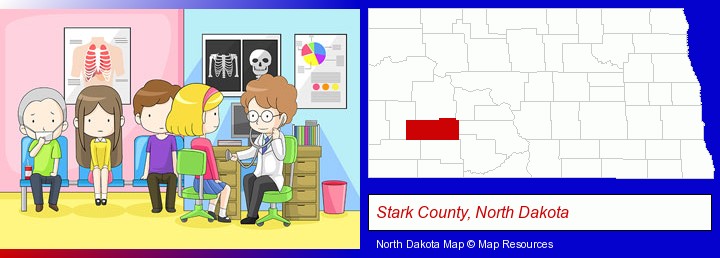 a clinic, showing a doctor and four patients; Stark County, North Dakota highlighted in red on a map