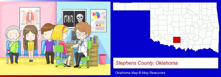 a clinic, showing a doctor and four patients; Stephens County, Oklahoma highlighted in red on a map