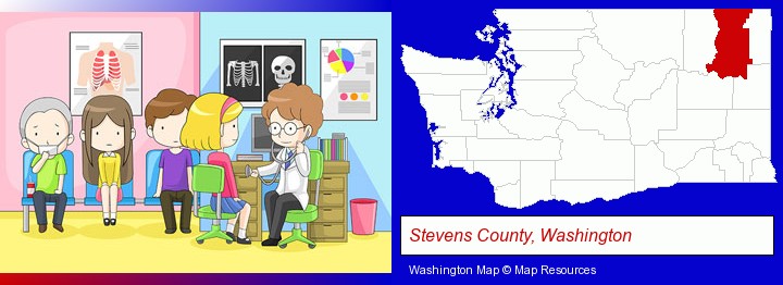 a clinic, showing a doctor and four patients; Stevens County, Washington highlighted in red on a map