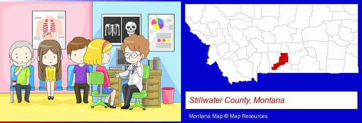 a clinic, showing a doctor and four patients; Stillwater County, Montana highlighted in red on a map