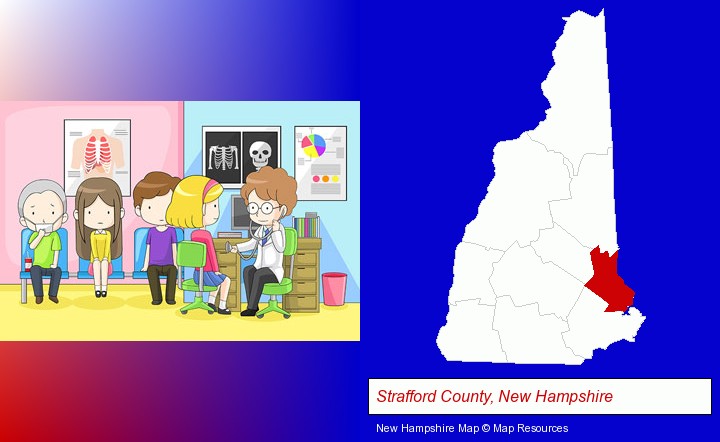 a clinic, showing a doctor and four patients; Strafford County, New Hampshire highlighted in red on a map
