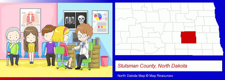 a clinic, showing a doctor and four patients; Stutsman County, North Dakota highlighted in red on a map