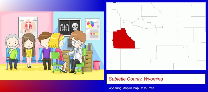 a clinic, showing a doctor and four patients; Sublette County, Wyoming highlighted in red on a map