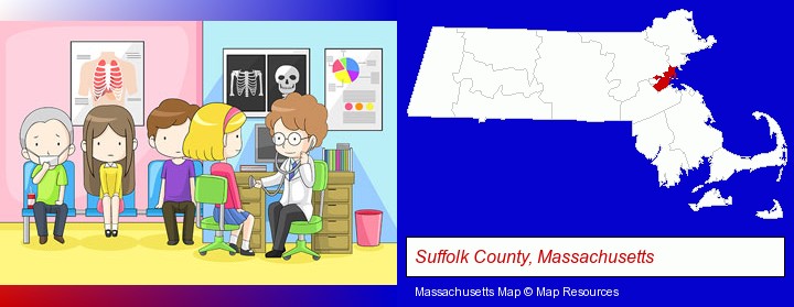 a clinic, showing a doctor and four patients; Suffolk County, Massachusetts highlighted in red on a map