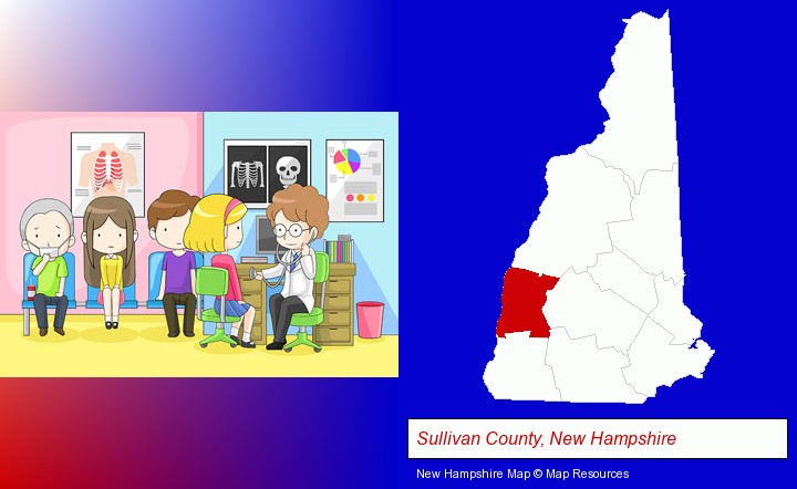 a clinic, showing a doctor and four patients; Sullivan County, New Hampshire highlighted in red on a map