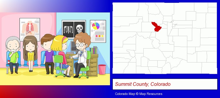 a clinic, showing a doctor and four patients; Summit County, Colorado highlighted in red on a map