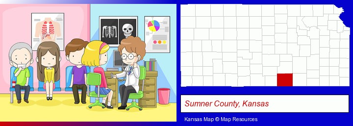 a clinic, showing a doctor and four patients; Sumner County, Kansas highlighted in red on a map