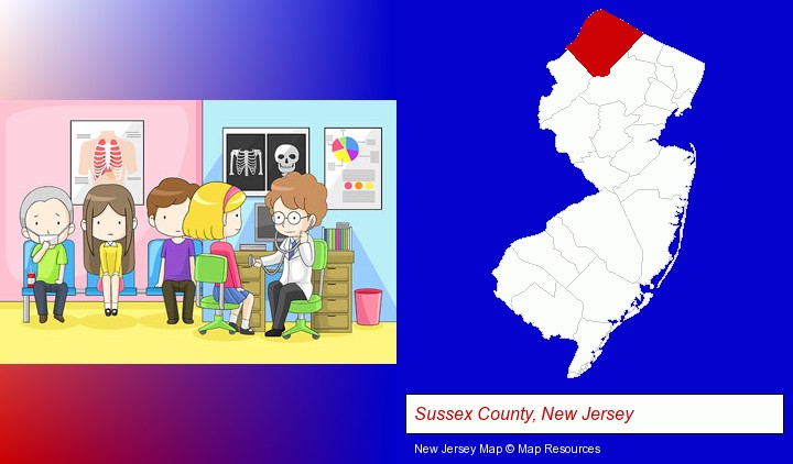 a clinic, showing a doctor and four patients; Sussex County, New Jersey highlighted in red on a map