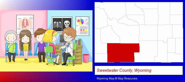 a clinic, showing a doctor and four patients; Sweetwater County, Wyoming highlighted in red on a map