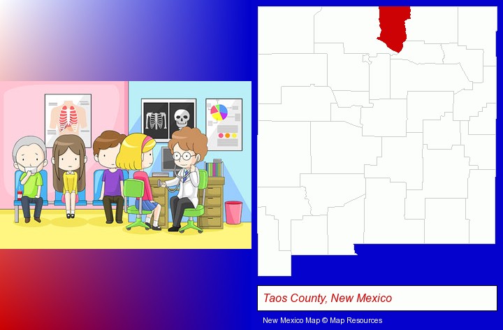 a clinic, showing a doctor and four patients; Taos County, New Mexico highlighted in red on a map