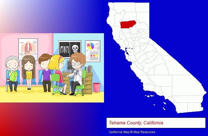 a clinic, showing a doctor and four patients; Tehama County, California highlighted in red on a map