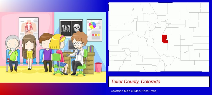 a clinic, showing a doctor and four patients; Teller County, Colorado highlighted in red on a map