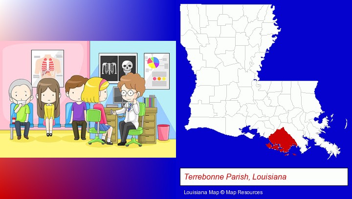 a clinic, showing a doctor and four patients; Terrebonne Parish, Louisiana highlighted in red on a map