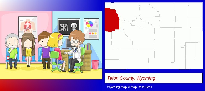 a clinic, showing a doctor and four patients; Teton County, Wyoming highlighted in red on a map