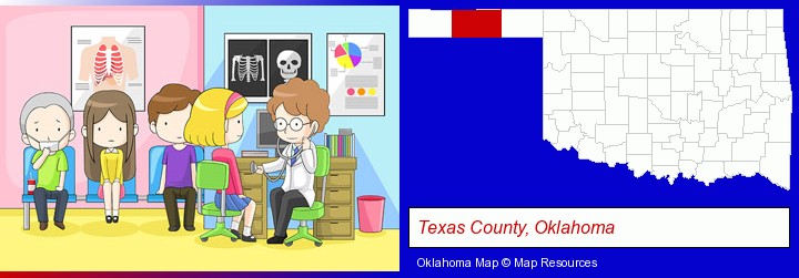 a clinic, showing a doctor and four patients; Texas County, Oklahoma highlighted in red on a map
