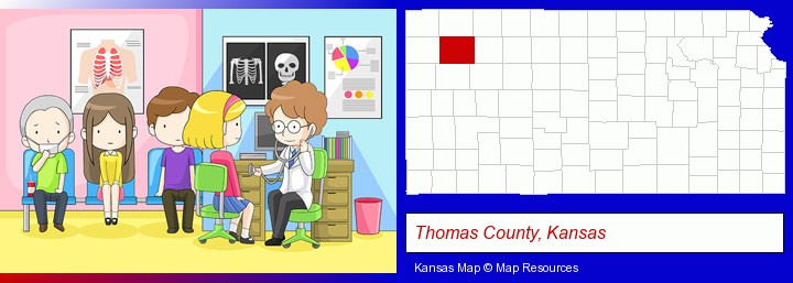 a clinic, showing a doctor and four patients; Thomas County, Kansas highlighted in red on a map