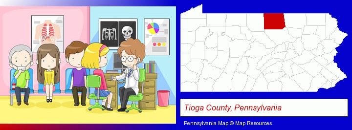 a clinic, showing a doctor and four patients; Tioga County, Pennsylvania highlighted in red on a map