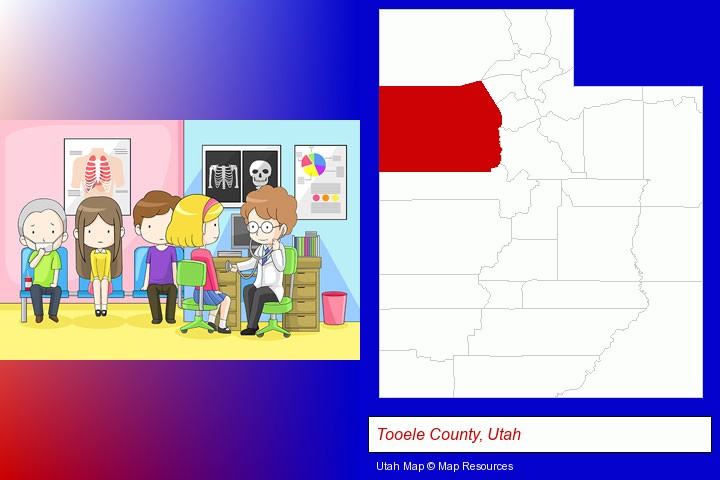 a clinic, showing a doctor and four patients; Tooele County, Utah highlighted in red on a map