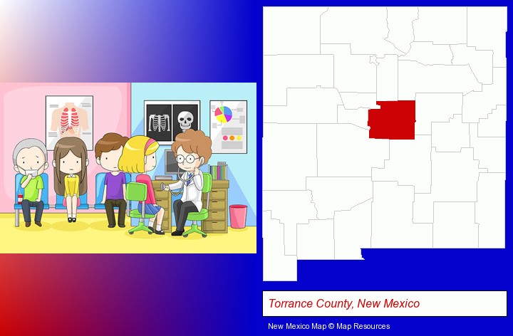 a clinic, showing a doctor and four patients; Torrance County, New Mexico highlighted in red on a map