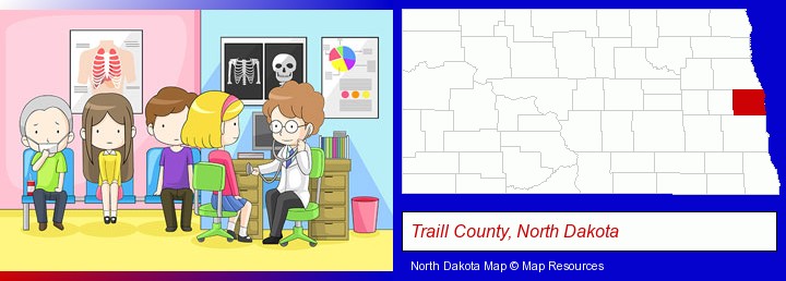 a clinic, showing a doctor and four patients; Traill County, North Dakota highlighted in red on a map