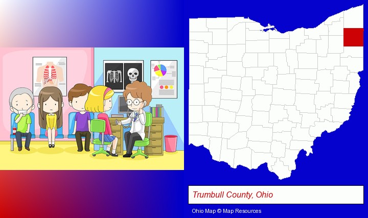 a clinic, showing a doctor and four patients; Trumbull County, Ohio highlighted in red on a map