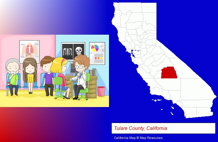 a clinic, showing a doctor and four patients; Tulare County, California highlighted in red on a map