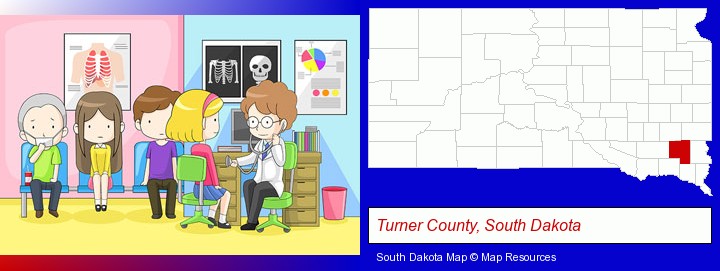 a clinic, showing a doctor and four patients; Turner County, South Dakota highlighted in red on a map