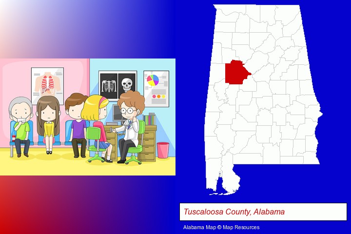 a clinic, showing a doctor and four patients; Tuscaloosa County, Alabama highlighted in red on a map
