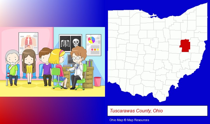 a clinic, showing a doctor and four patients; Tuscarawas County, Ohio highlighted in red on a map