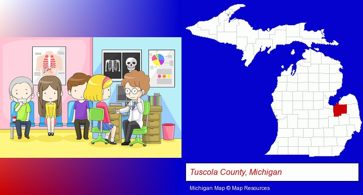 a clinic, showing a doctor and four patients; Tuscola County, Michigan highlighted in red on a map