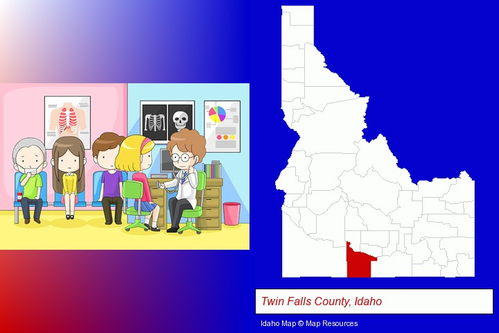 a clinic, showing a doctor and four patients; Twin Falls County, Idaho highlighted in red on a map